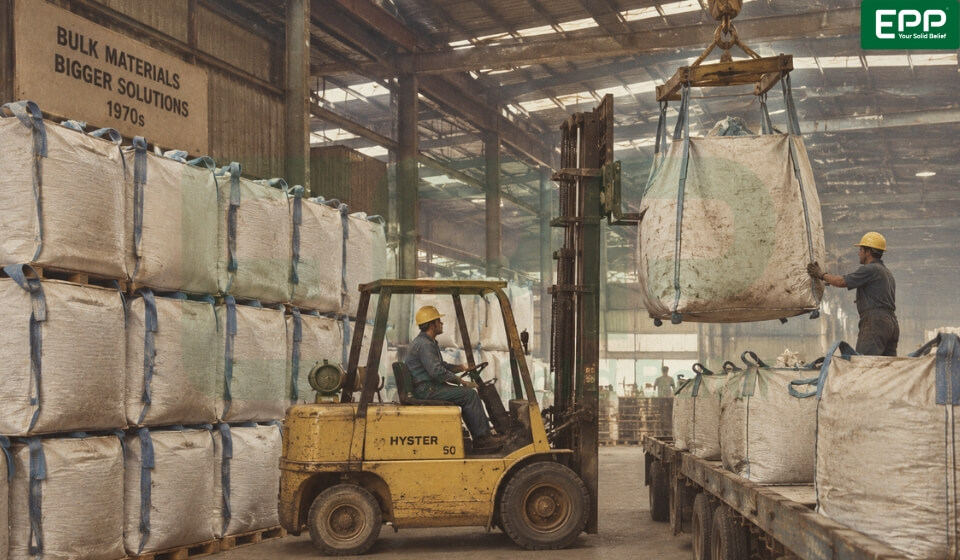 utilizing early woven polypropylene FIBC bulk bags during the 1970s expansion