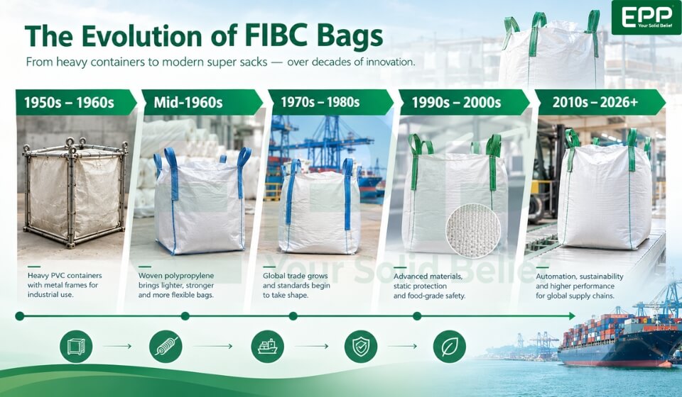 Historical timeline illustration showing the evolution and history of FIBC bags
