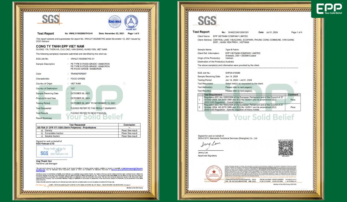 Official SGS test report certificates verifying FDA food-grade compliance and international quality standards for EPP Vietnam's PP woven fabric.