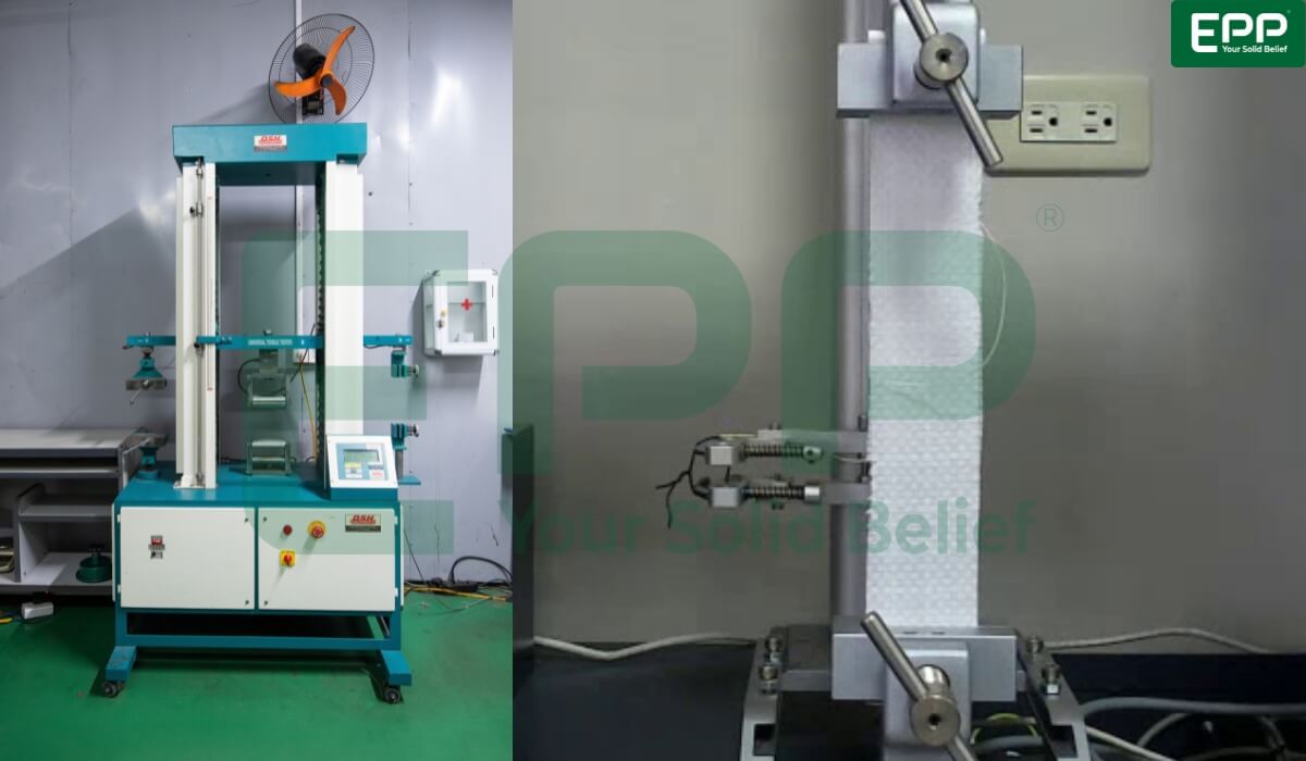 Tensile strength laboratory testing of PP woven fabric for FIBC jumbo bags at EPP Vietnam