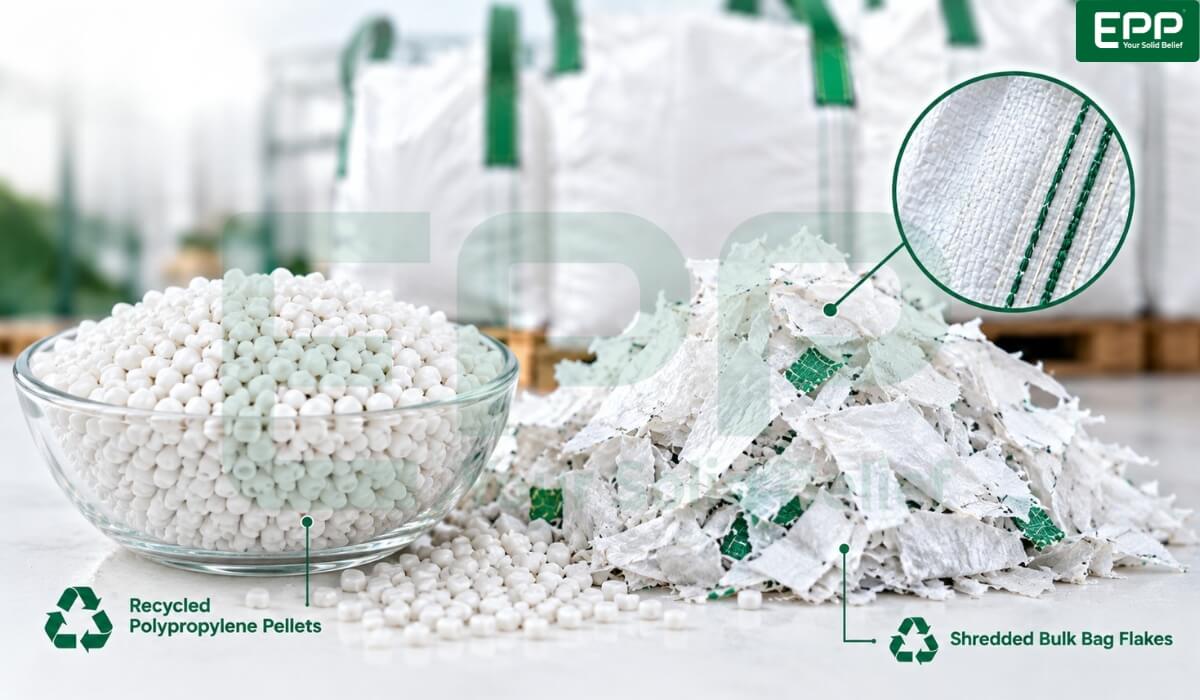 Processed PP flakes and recycled polypropylene pellets from big bag recycling.