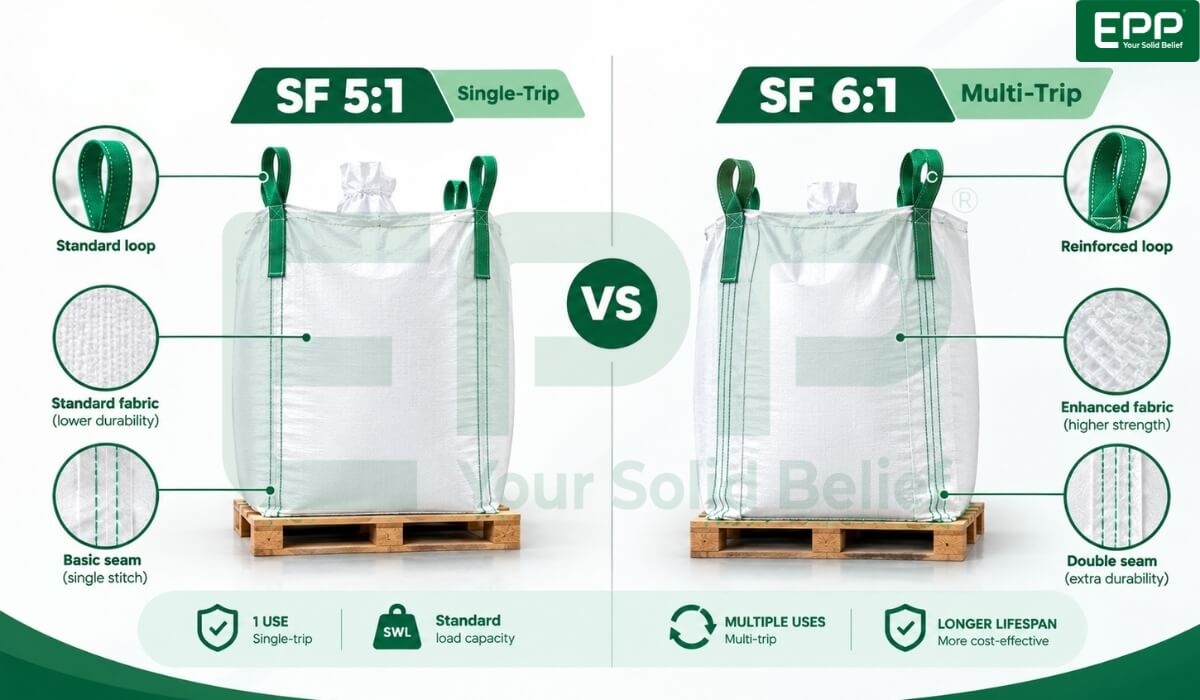 Structural difference between SF 5:1 and SF 6:1 bulk bag recycling and reuse standards.