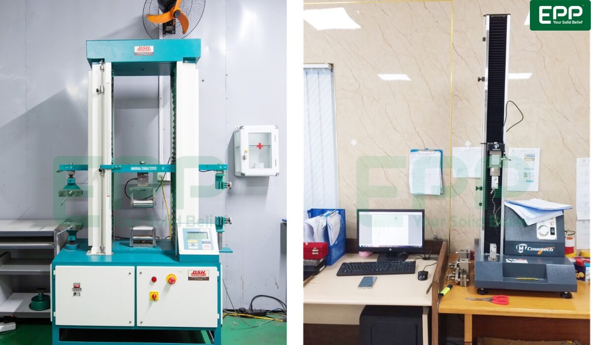 Quality control lab technician testing polypropylene tensile strength in an ISO 14001 certified big bag manufacturing facility.