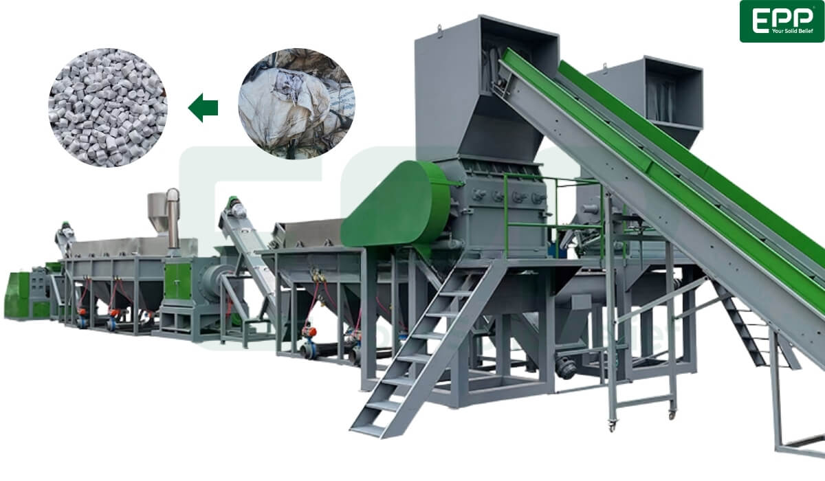 Industrial shredding and extrusion machinery transforming dirty FIBC scrap into recycled PP pellets