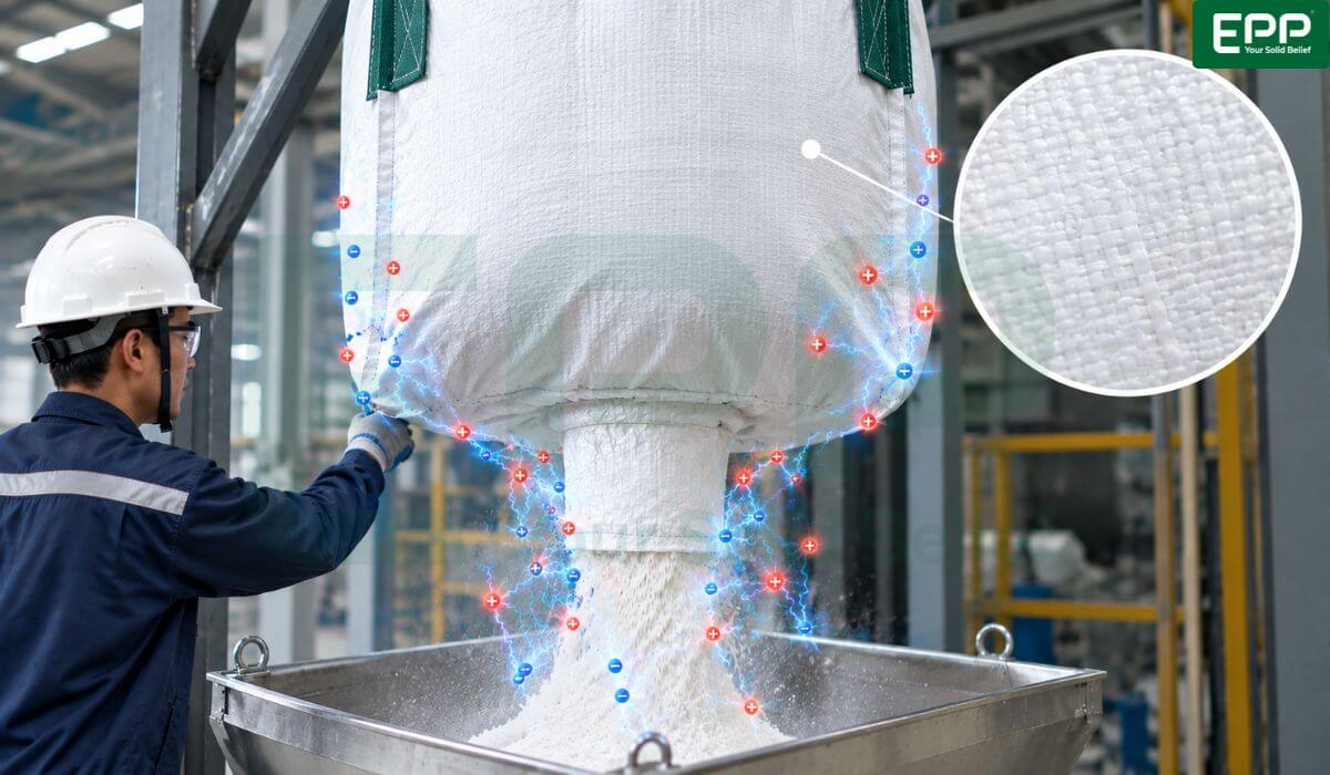 static electricity buildup during fibc bulk bag discharge tribocharging process