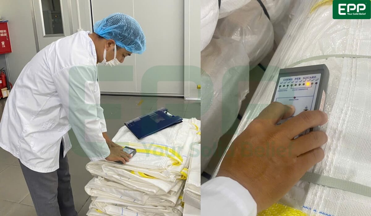 EPP Vietnam quality control engineer conducting static resistance test on Type D FIBC bag
