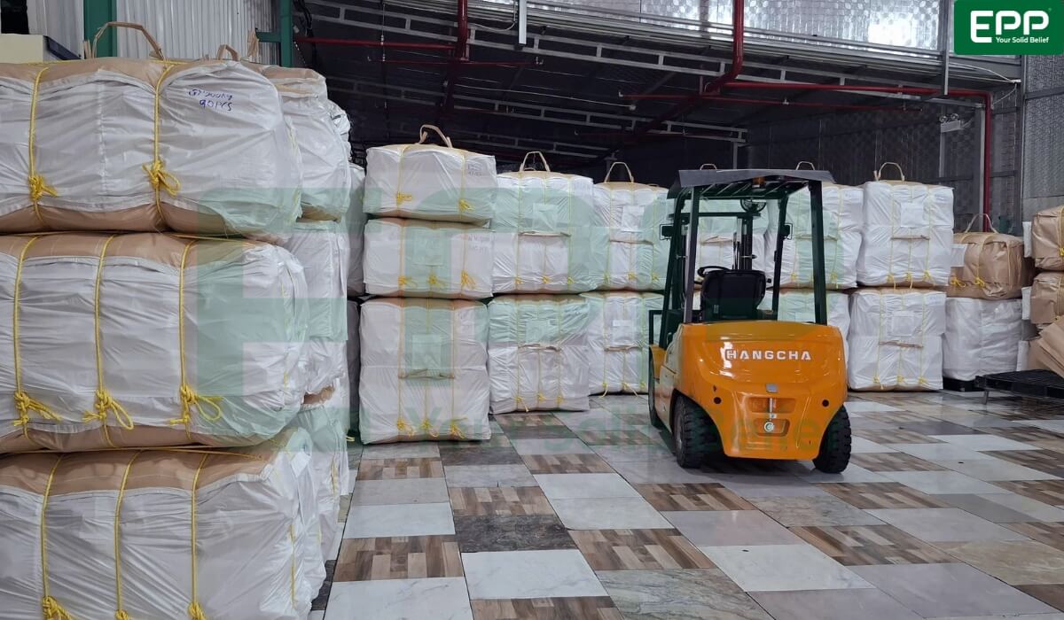 Modern FIBC jumbo bags stored in an industrial warehouse facility ready for global export.