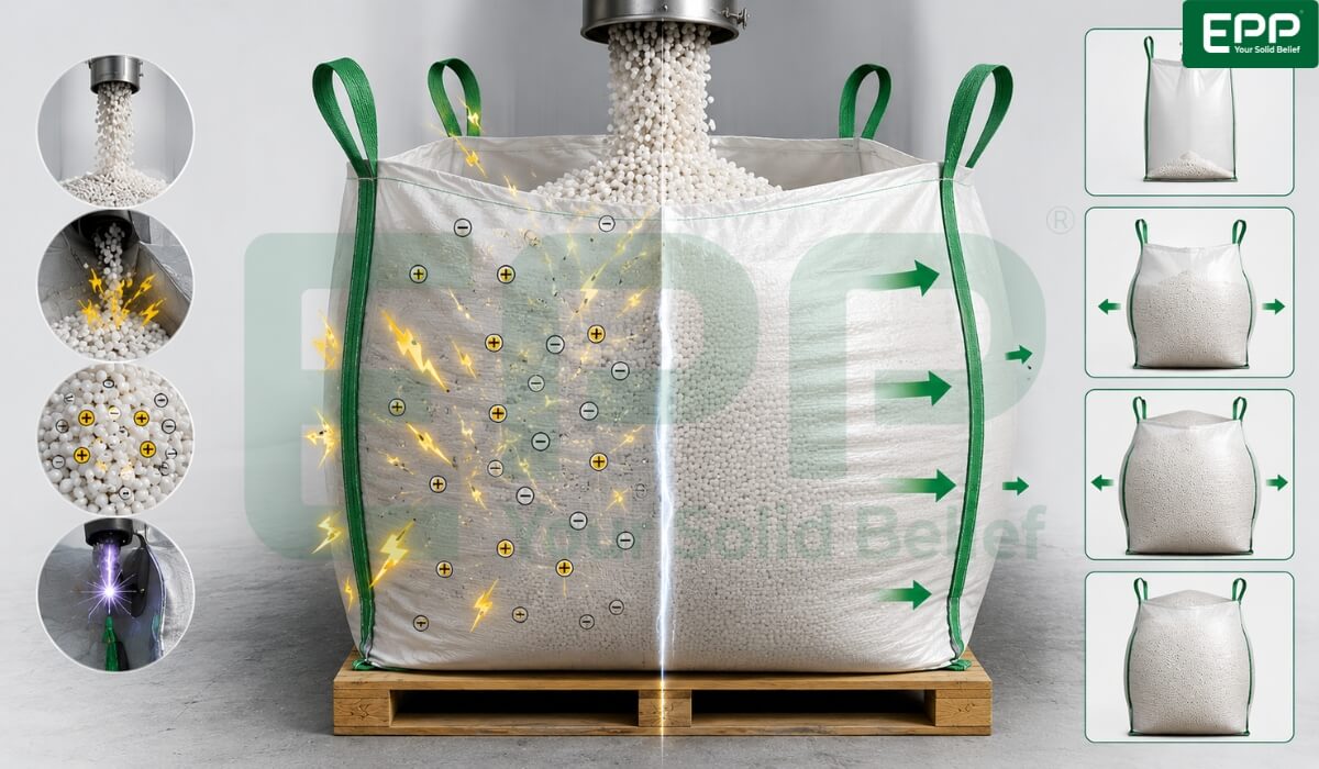 Static electricity generation and wall bulging dynamics when filling plastic resin into FIBCs