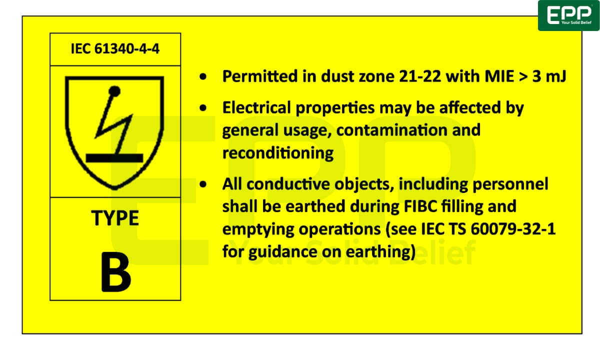 Close-up of a certified Type B antistatic safety label attached to an EPP Vietnam bulk bag