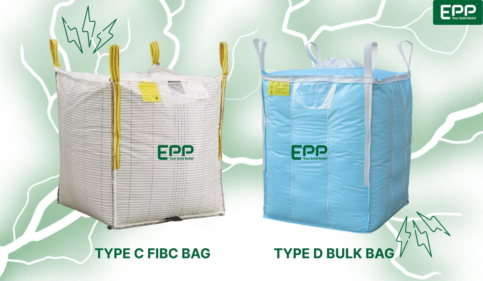 Structural comparison between Type C FIBC requiring a mechanical grounding wire and Type D FIBC with self-dissipative static technology.