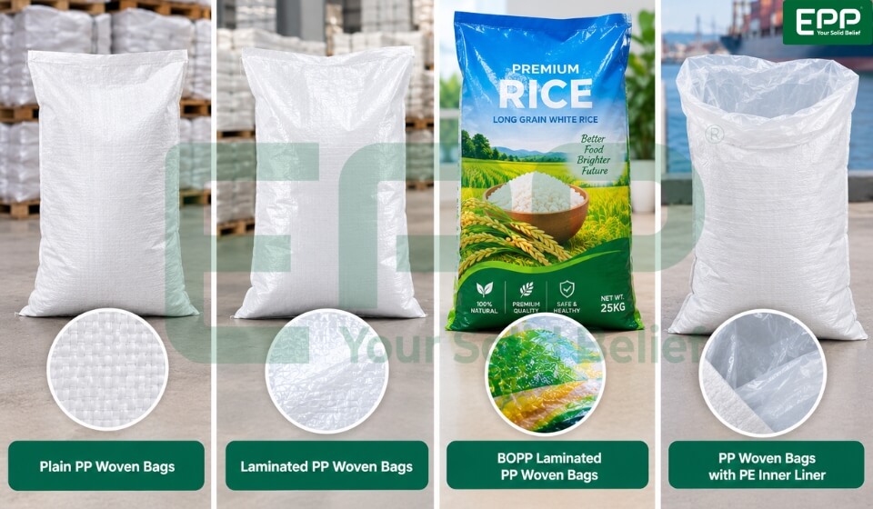 Four structural types of PP woven bag for rice.