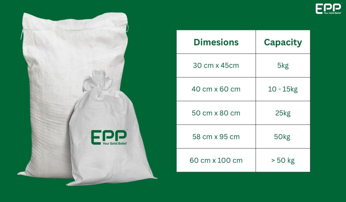 Standard PP bag sizes and capacity guide by EPP Vietnam