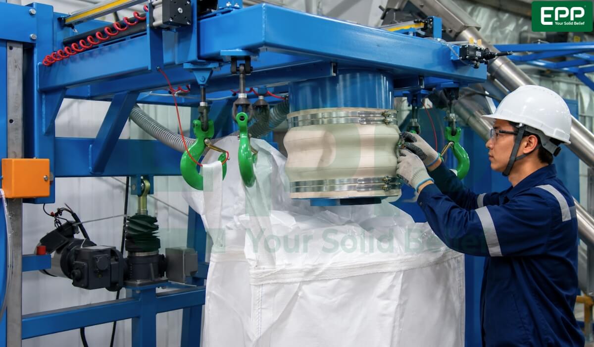 Worker attaching a bulk bag spout to an automated industrial loading spout.