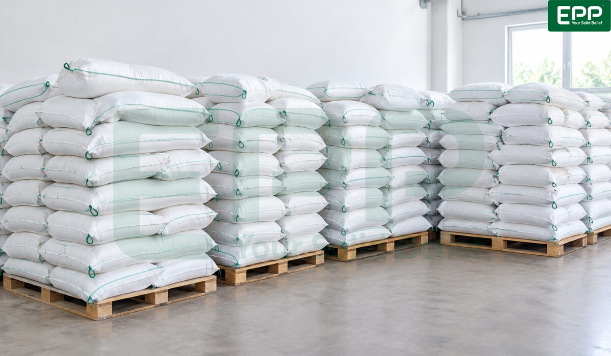 Palletized PP woven bags stacked neatly