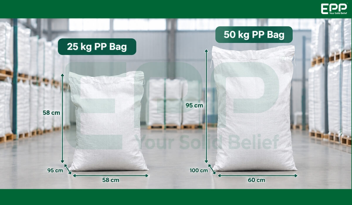Comparison of standard 25 kg pp bag size and 50 kg pp bag size in warehouse storage