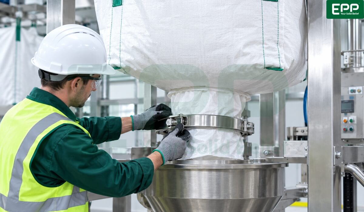 Securing the FIBC discharge spout with a dust-tight clamping mechanism.