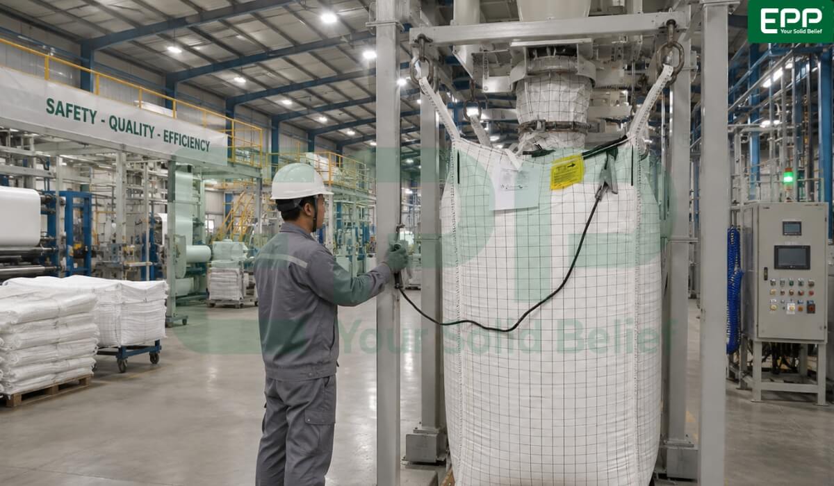 Operator attaching grounding clamp to a Type C conductive FIBC bag mounted on a super sack stand