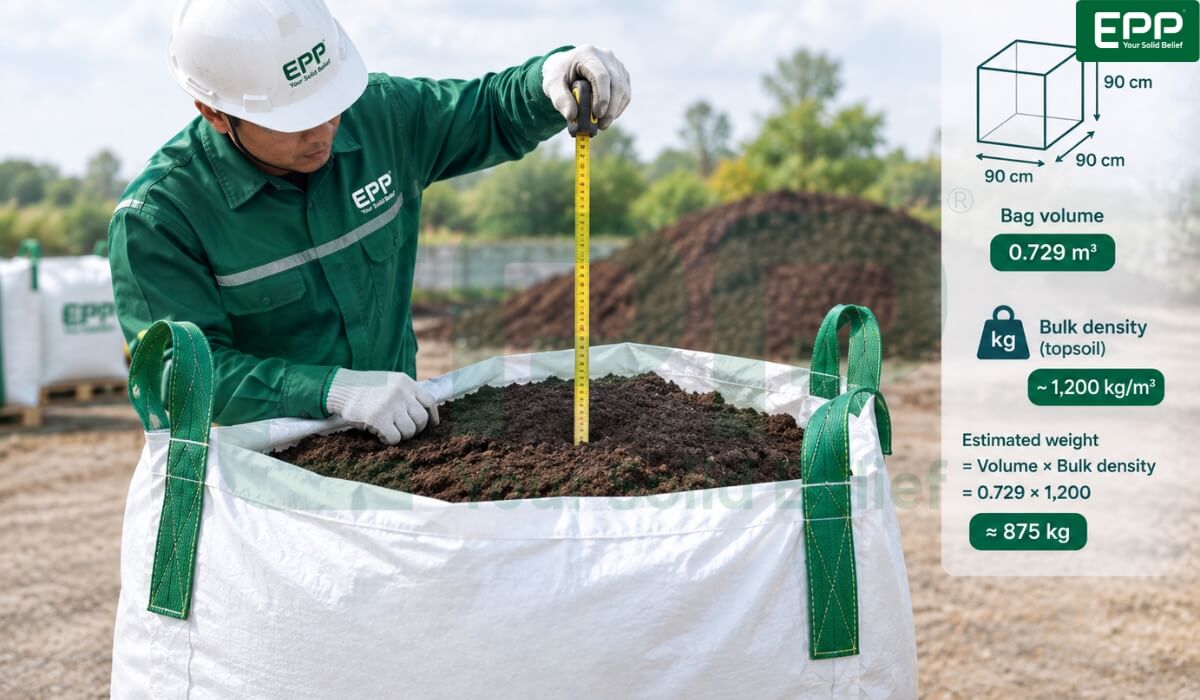 ield worker measuring topsoil volume inside a 90x90x90cm FIBC jumbo bag using standard bulk density metrics