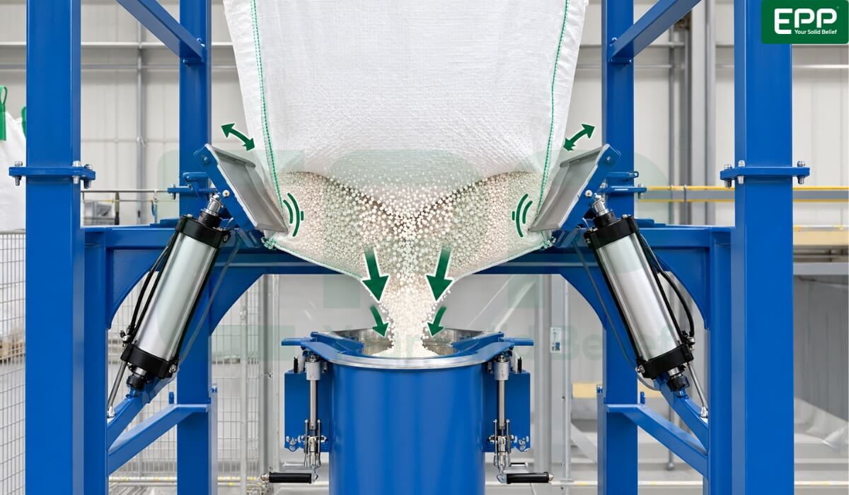 Mechanical bag massager paddles breaking material bridges during poor-flowing powder discharge.