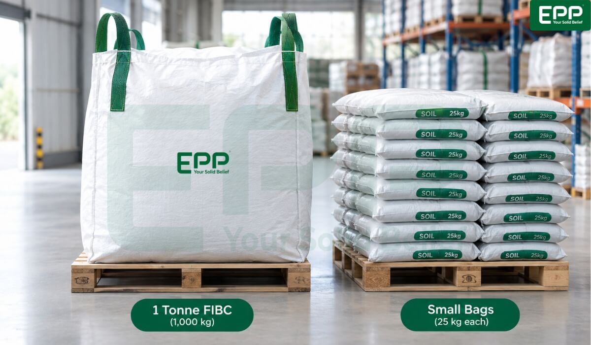 Side-by-side comparison of a 1-tonne FIBC soil ton bag on a pallet and stacked small 25kg soil bags in a warehouse