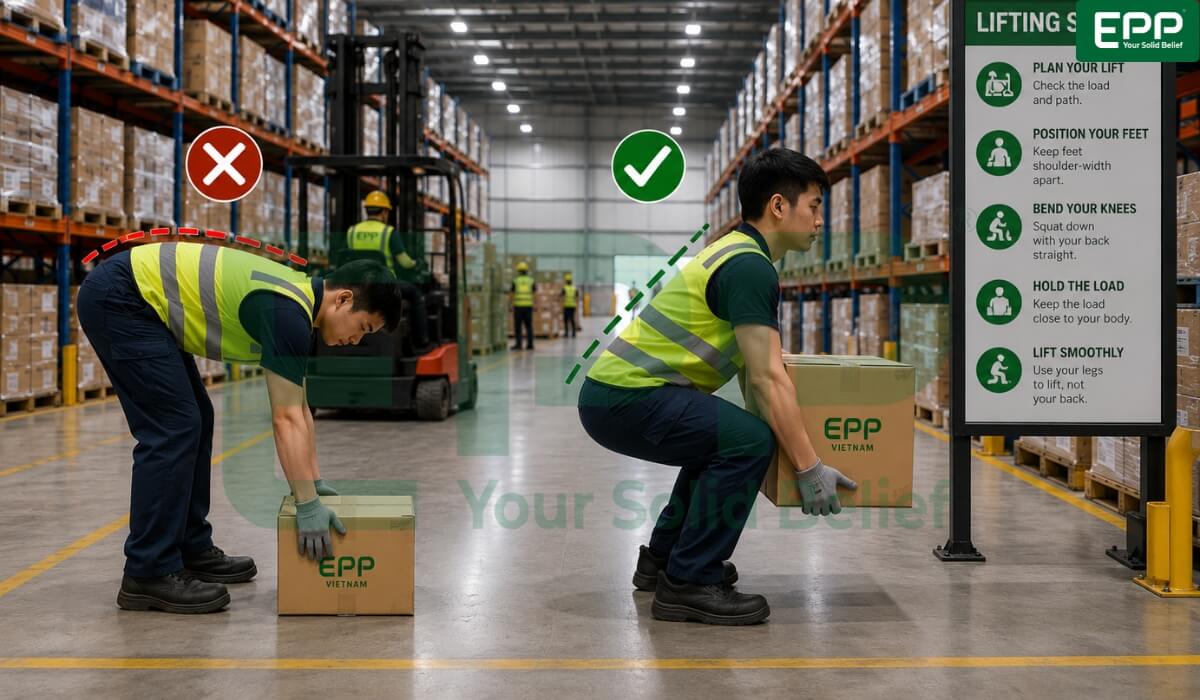 Warehouse worker wearing high-visibility PPE demonstrating correct ergonomic lifting posture