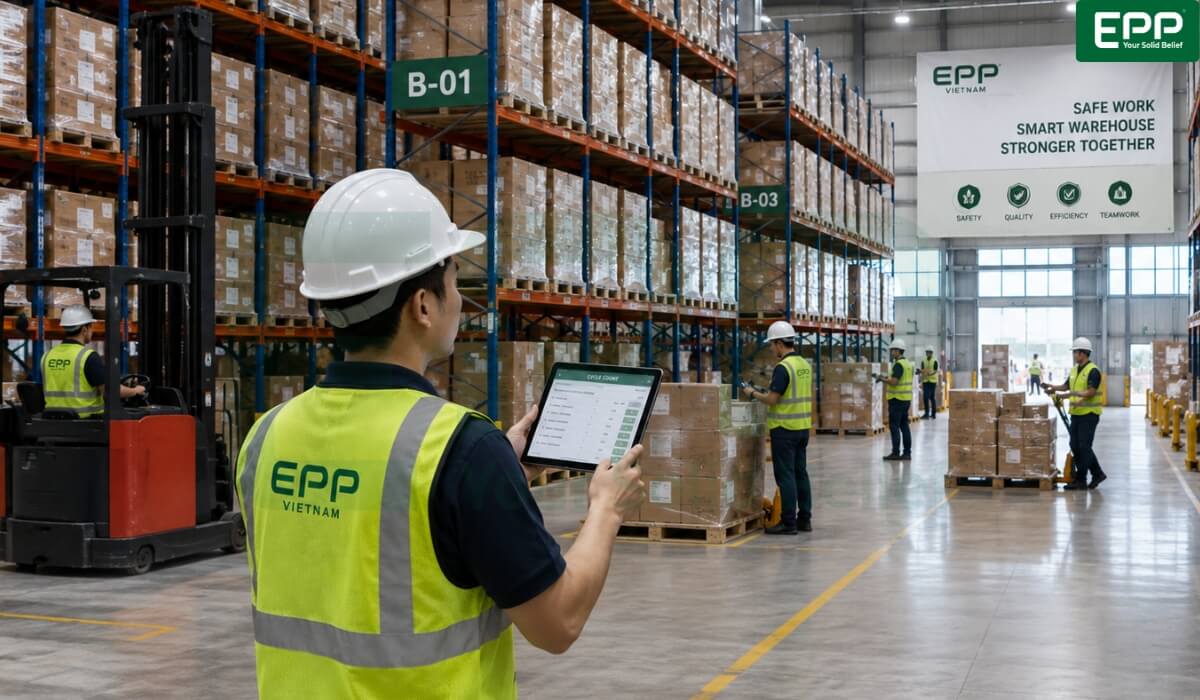 Warehouse worker conducting inventory cycle count on high-bay pallet racking using a tablet