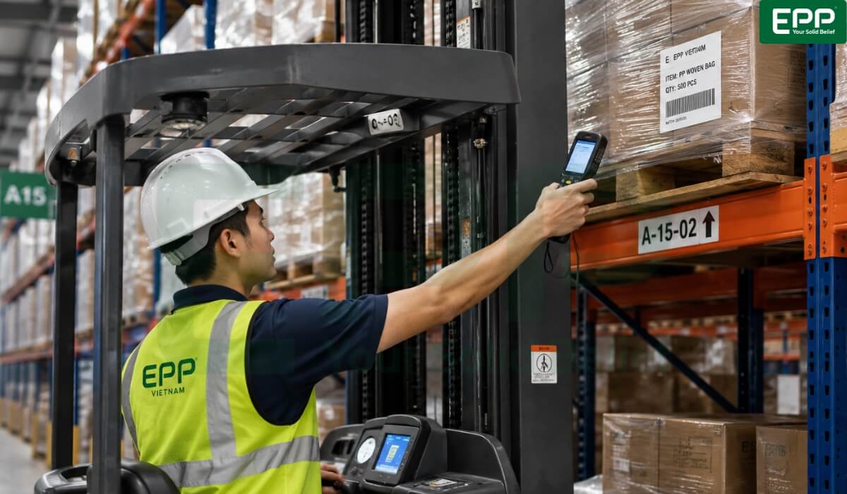 Warehouse worker operating a reach truck while using a handheld WMS barcode scanner