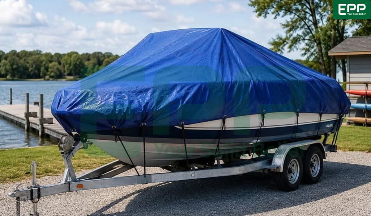 Blue heavy-duty tarp providing waterproof and UV-resistant protection for trailered boats