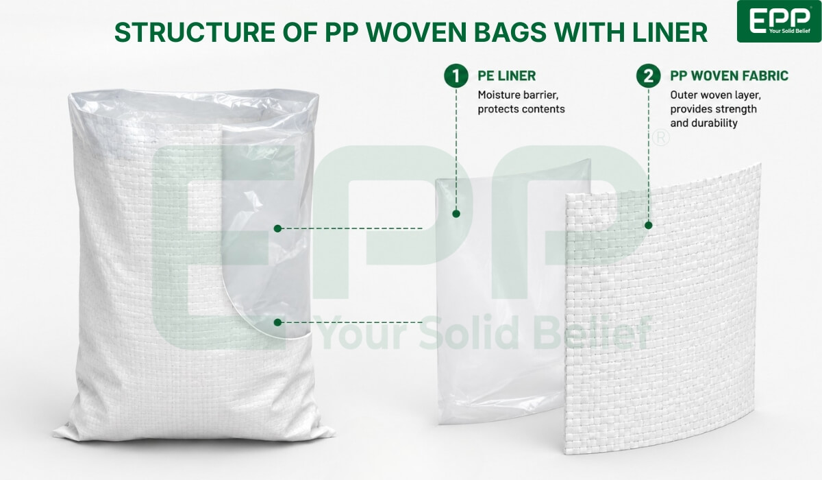Structure of outer PP woven bag paired with a protective inner PE liner