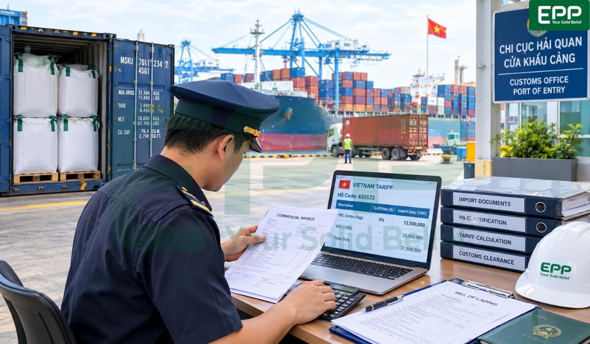 Customs officer inspecting shipping documentation and calculating Vietnam Tariff duty rates for containerized cargo