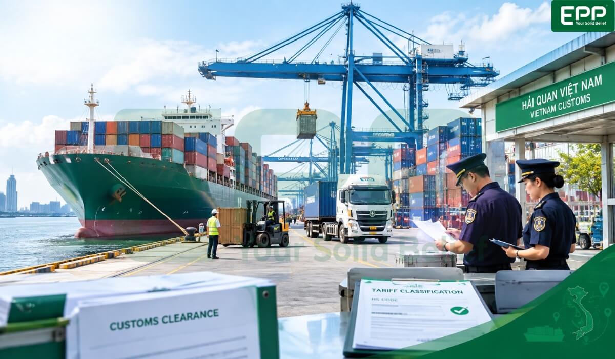Cargo vessel and container terminal in Vietnam illustrating Vietnam Tariff regulations and customs clearance