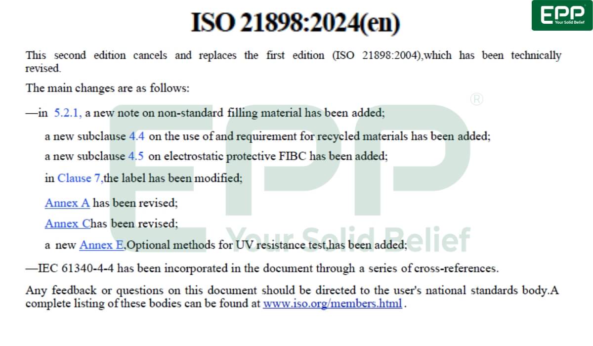 Official ISO 21898 2024 standard document detailing key changes from the 2004 edition