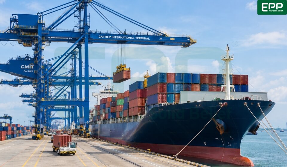 Deep-water container vessel loading cargo at Cai Mep port for ocean shipping from Vietnam to the US