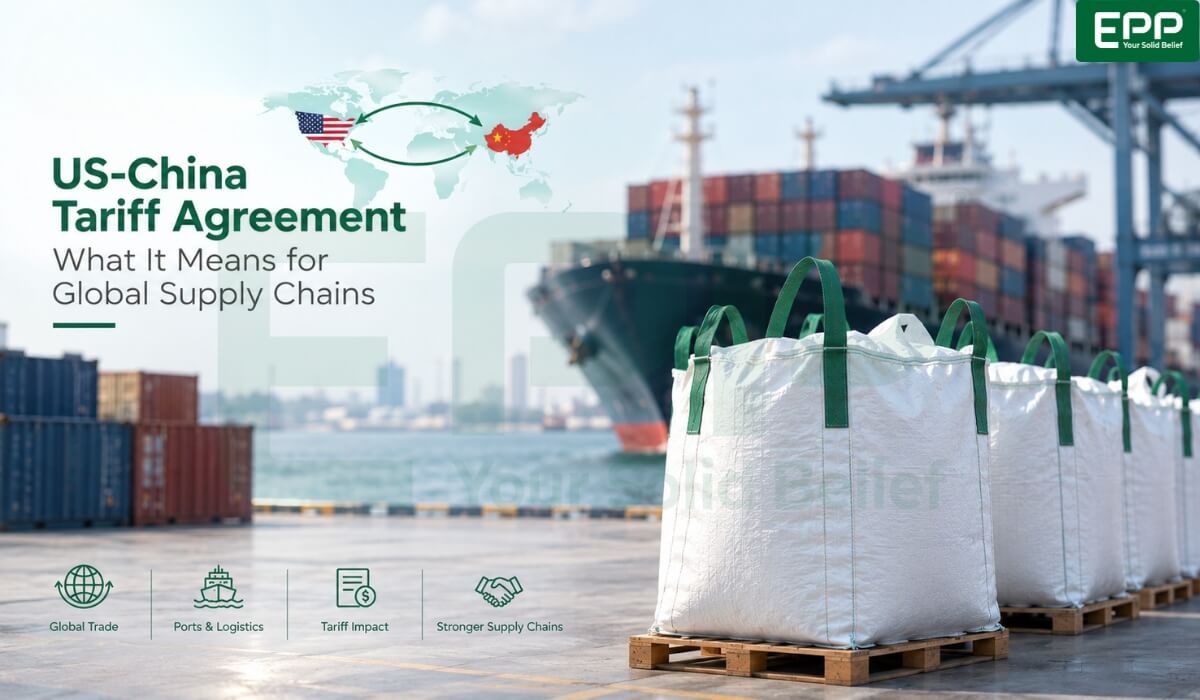 Industrial cargo containers and FIBC bulk bags representing global supply chain impacts of the US-China Tariff Agreement