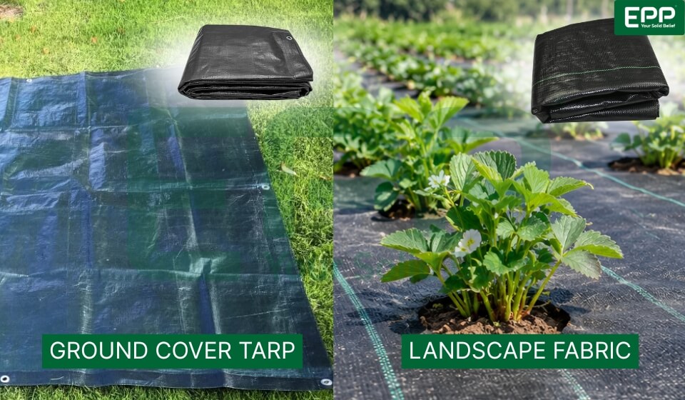 Side-by-side comparison between ground cover tarp and landscape fabric for weed control by EPP Vietnam