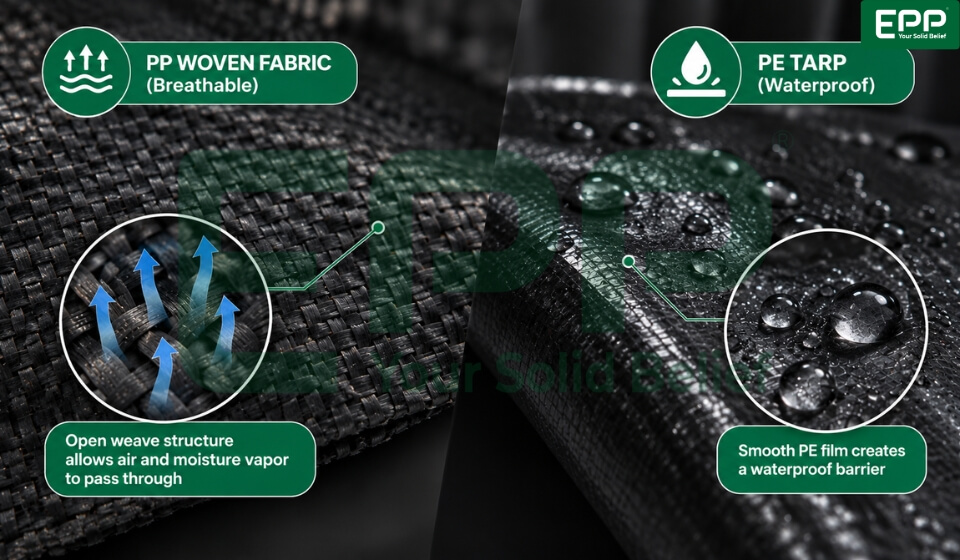 breathable woven polypropylene fabric structure versus waterproof PE tarp