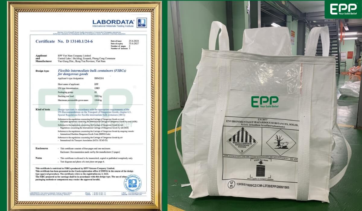 Un certification and Export-ready UN-certified bulk bags supplied by EPP Vietnam for global hazardous material transport.