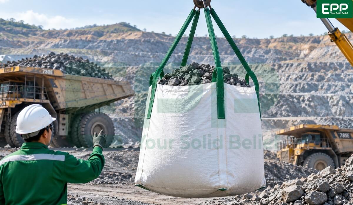Filled bulk bag of stone for mining sector