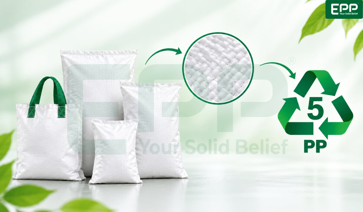 Polypropylene plastic recycling symbol RIC 5 showing small woven polypropylene bags are recyclable