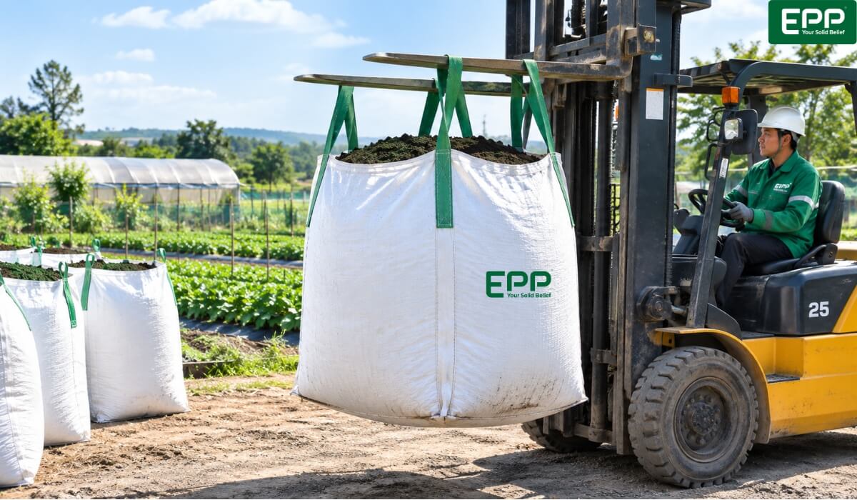 Forklift transporting a heavy-duty FIBC jumbo bulk bag