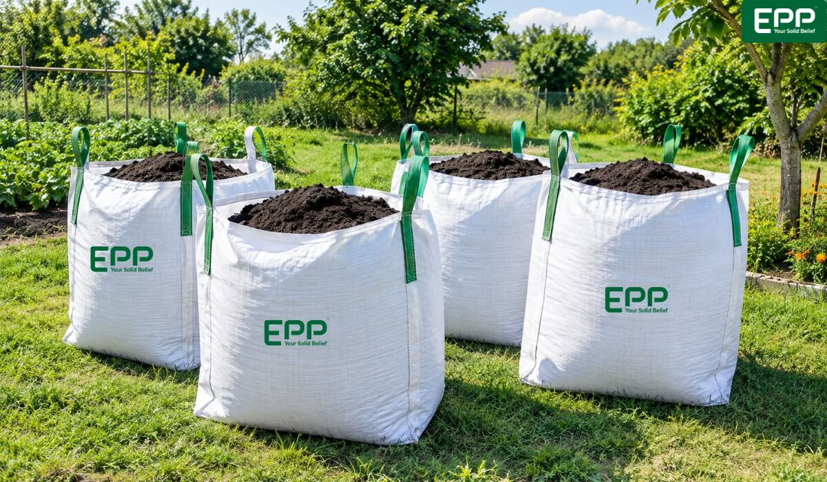 Landscaping topsoil bulk bag positioned for site spreading.