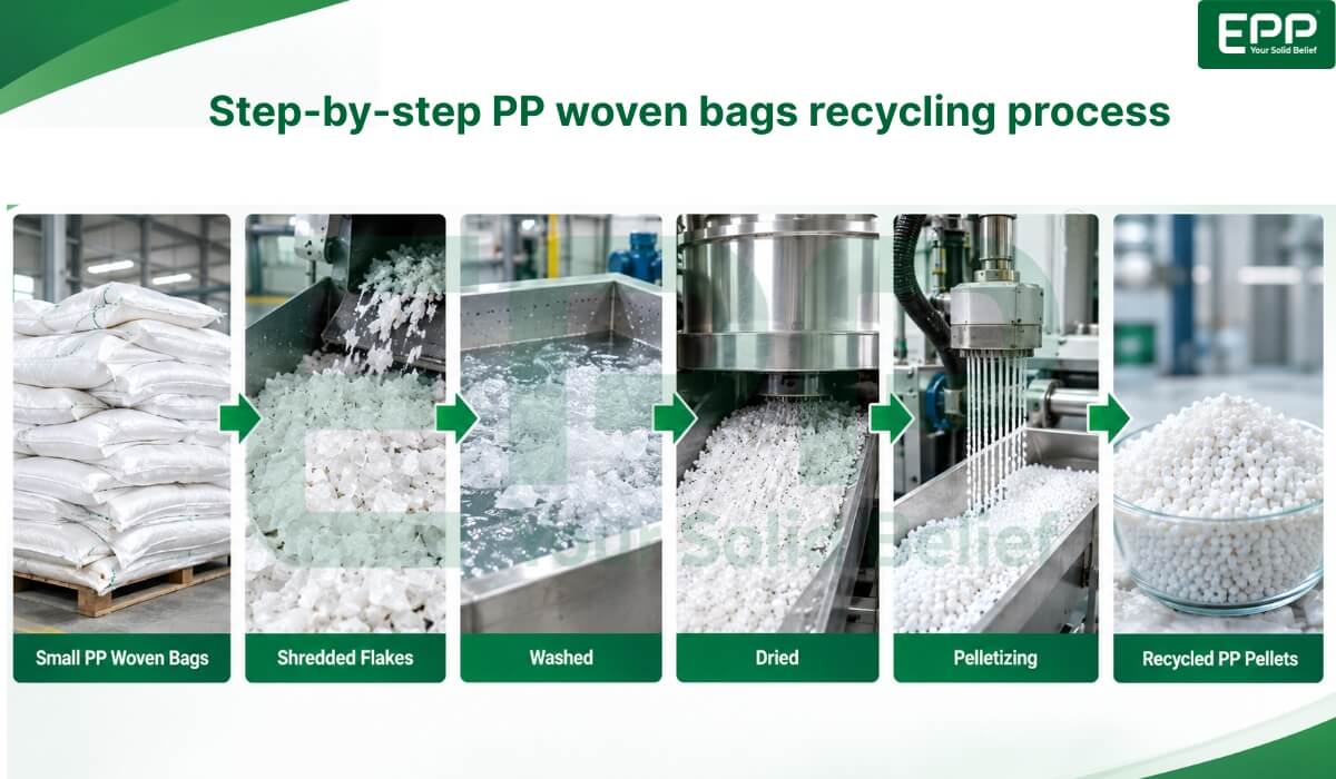 Step-by-step small PP woven bags recycling process from shredded flakes to recycled PP plastic pellets